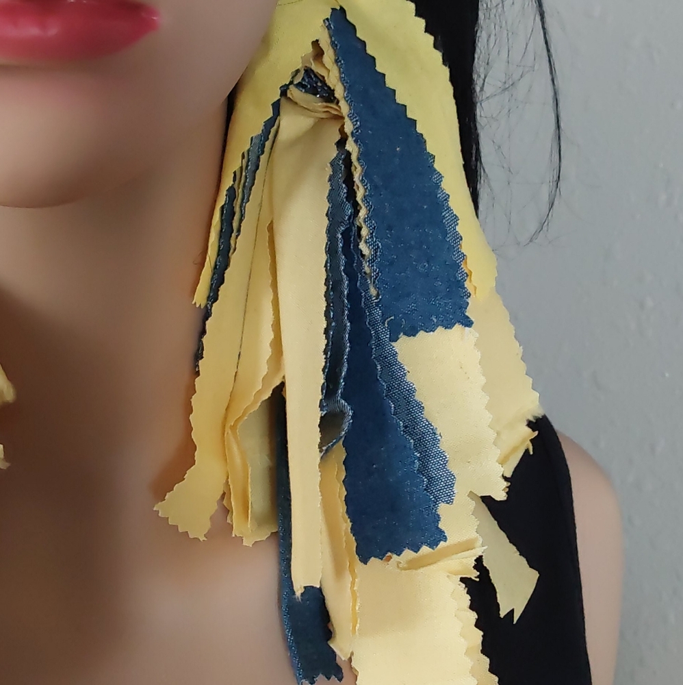 DENIM WITH COTTON TASSEL EARRINGS